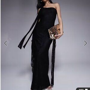 ASOS DESIGN One Shoulder Lace Maxi Dress with Knotted Skirt Detailing in Black
